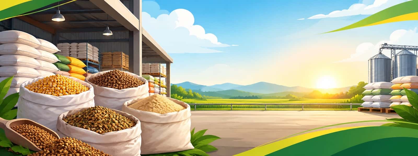 Open sacks of corn, pellets and feed mixes in front of a feed warehouse, with farmland and grain silos behind