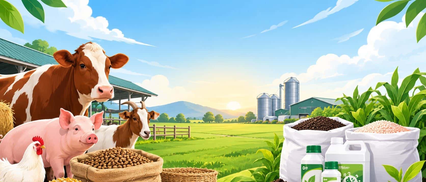 Livestock and poultry beside sacks of feed and fertilizer on a farm