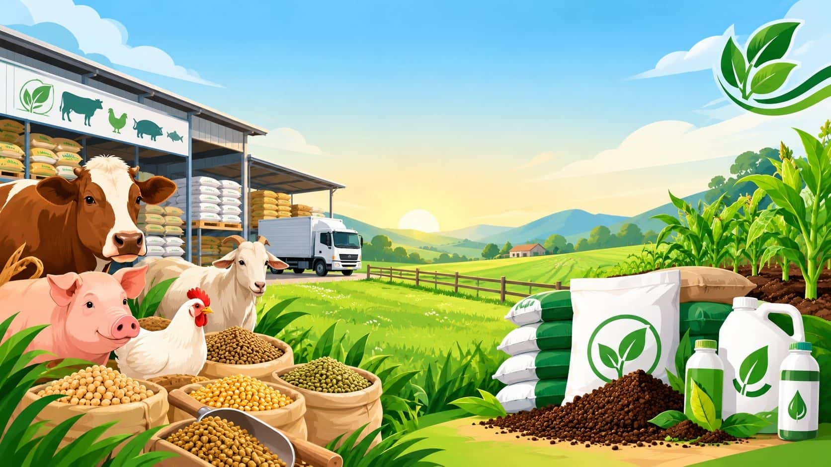 Farm animals, feed sacks, fertilizer and a delivery truck in front of a feed warehouse
