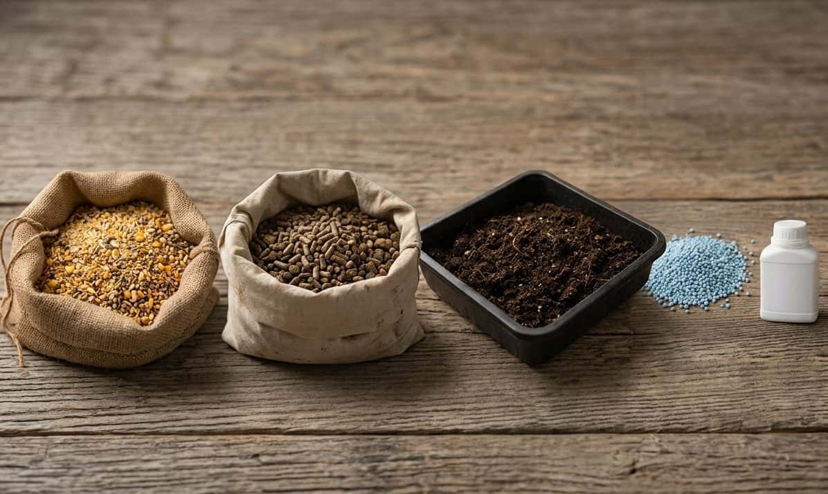 Samples of animal feed, pellets, soil and fertilizer granules on a wooden table